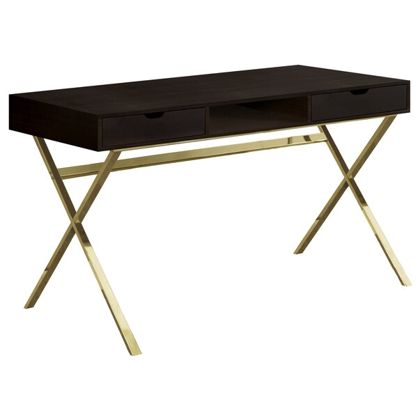 Computer Desk, Home Office, Laptop, Storage Drawers, 48"L, Work, Metal, Laminate, Brown, Gold